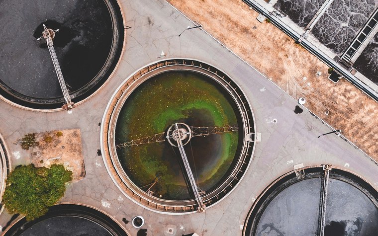 Aerial view of a municipal water and wastewater treatment plant