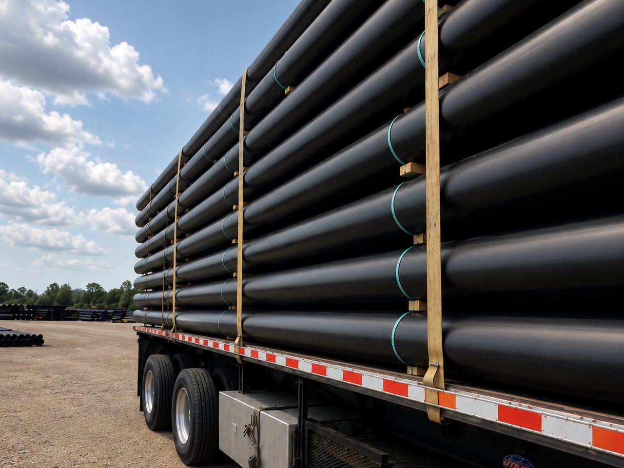 PE4710 HDPE pipe loaded and strapped on a flatbed for jobsite delivery