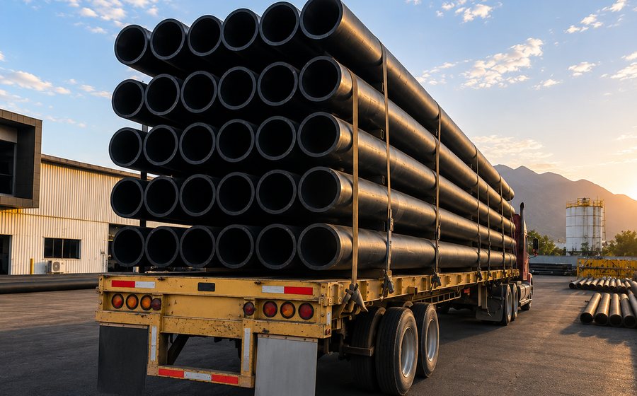 Flatbed truck loaded and strapped with HDPE pipe for jobsite delivery
