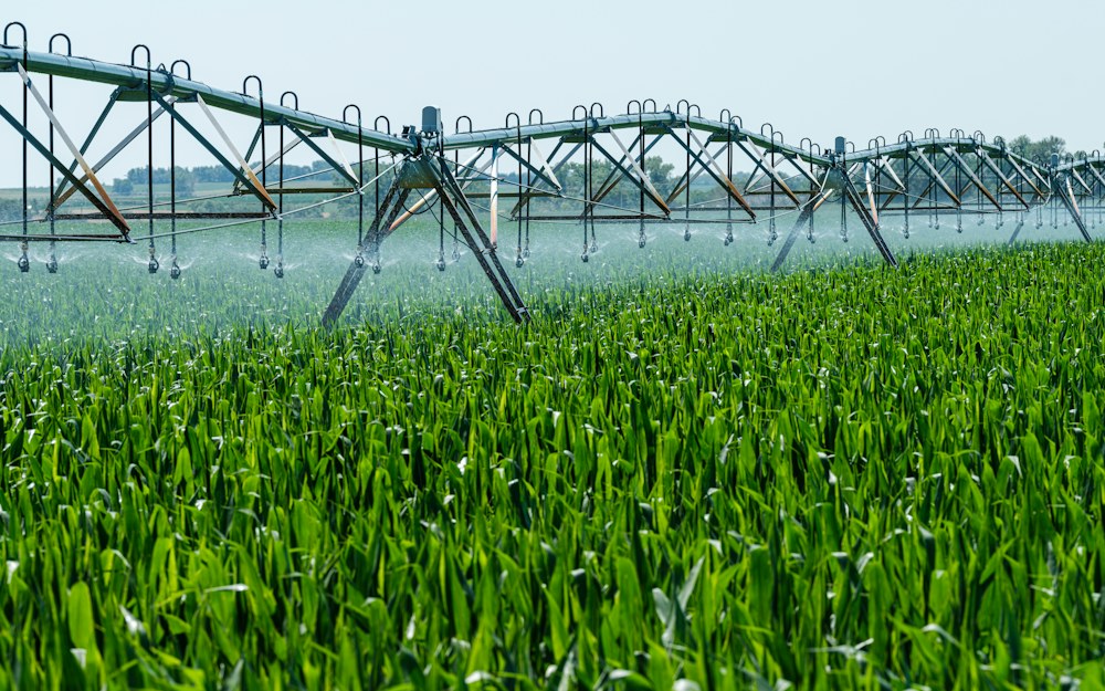 Irrigation equipment watering a crop field in Nebraska