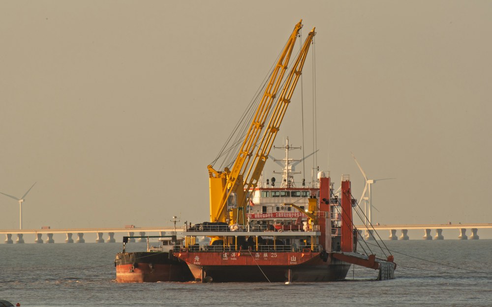 Dredging vessel and marine construction equipment on the water