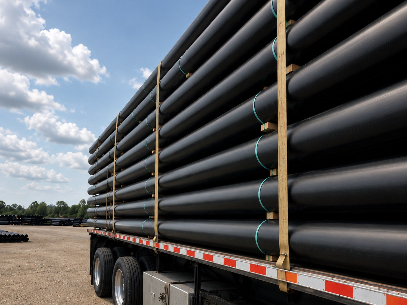 HDPE pipe bundles secured on a flatbed trailer